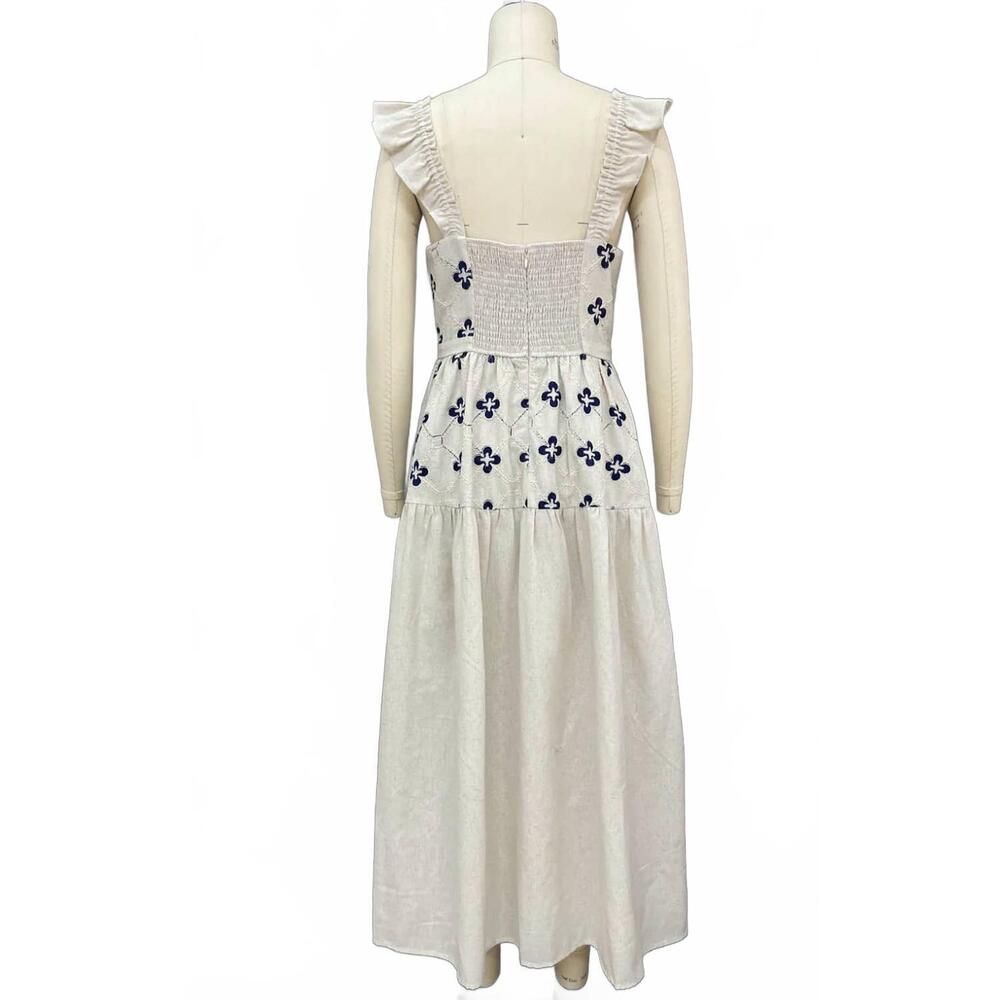 NEW MOON RIVER women's jessica ruffle sleeve midi dress in ivory/ navy - Picture 2 of 2